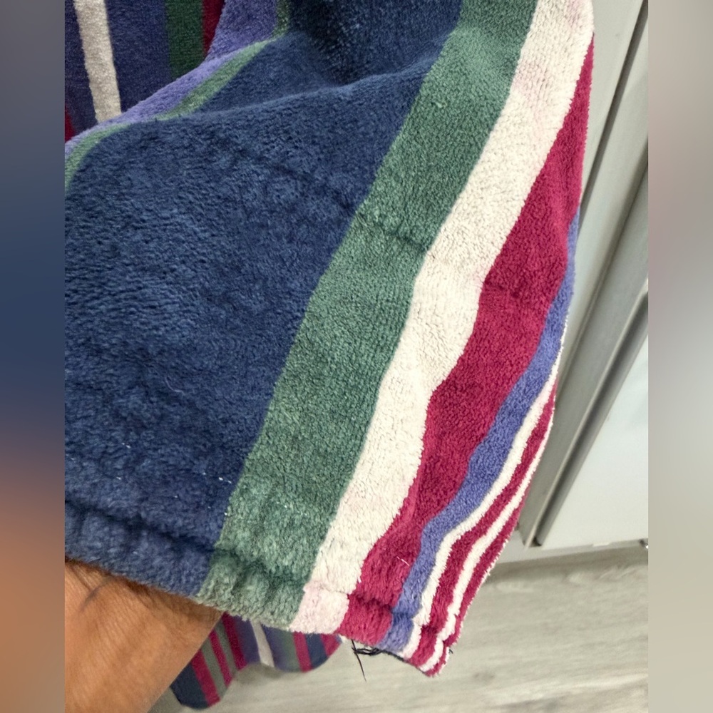 BILL BLASS Terry Cloth Vintage Striped Hooded Bathrobe belt & pockets 3/4 sleeve - Picture 4 of 15